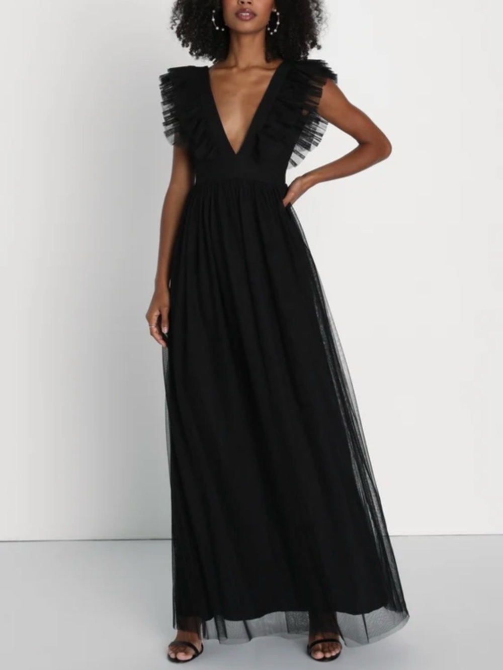 Lulu’s Black Ruffle V‑Neck Women's Dress